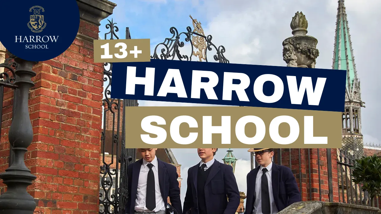 Harrow School entrance with students.