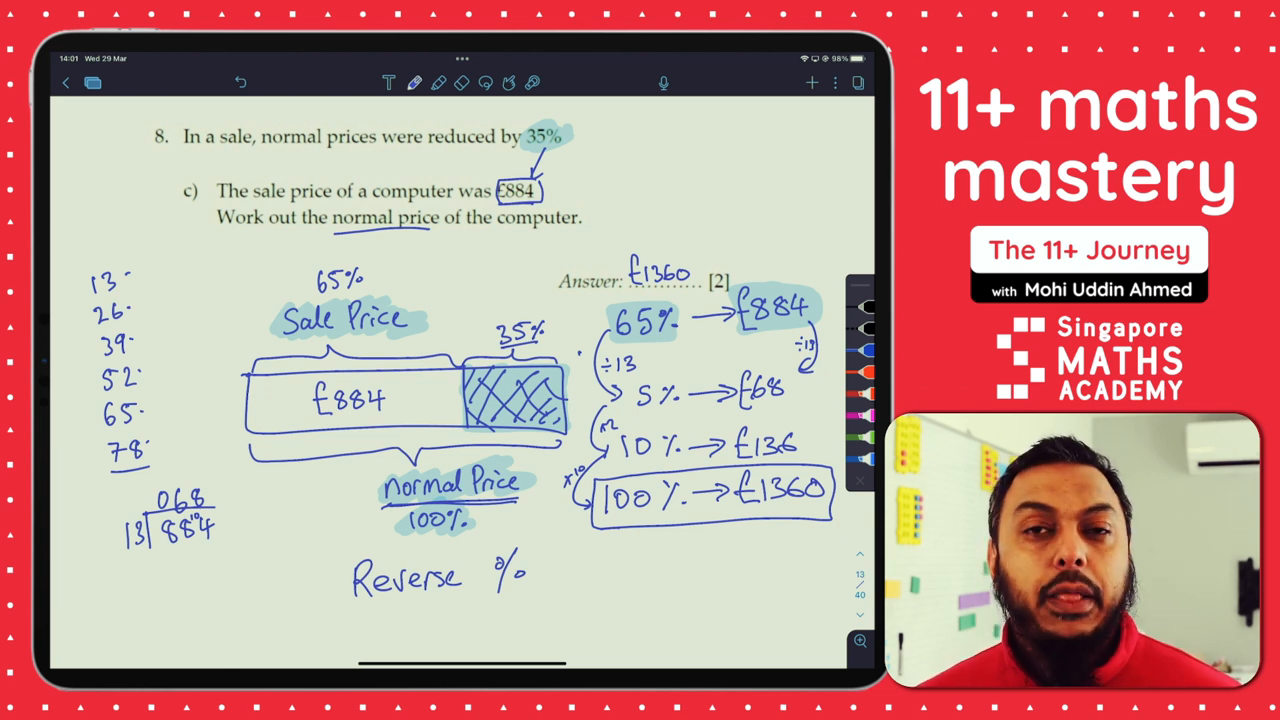 11+ maths percentage problem solved step-by-step