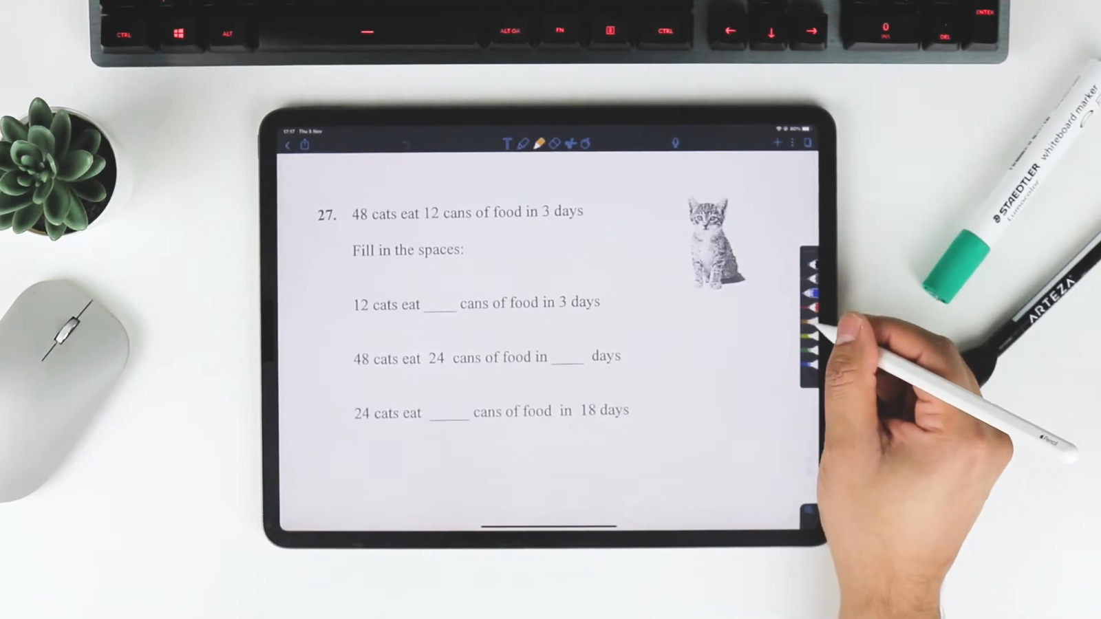 Tablet with cat-themed maths questions