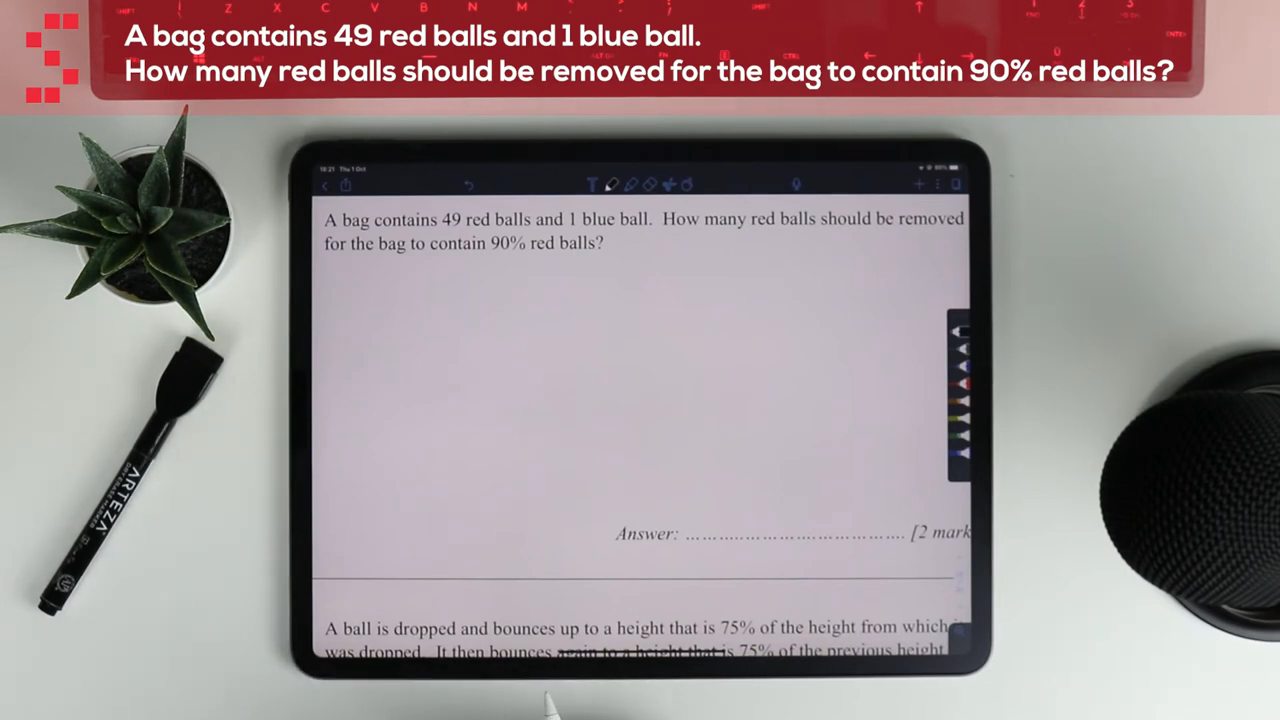 Math problem shown on a tablet screen.