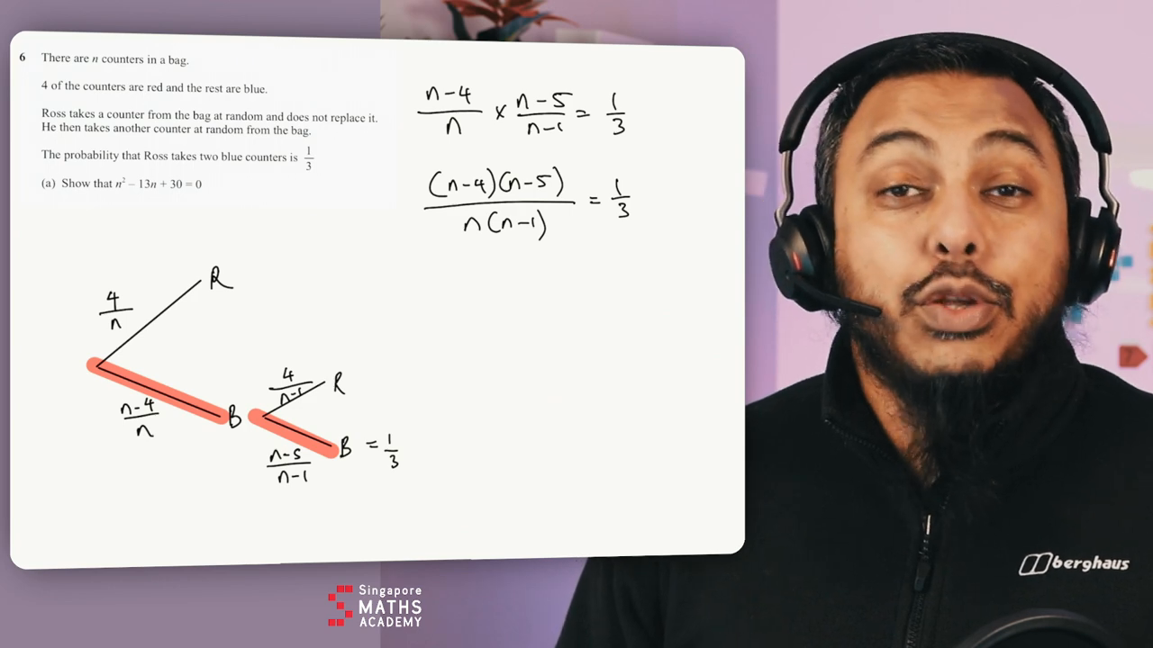 Teacher explaining probability calculation on whiteboard.