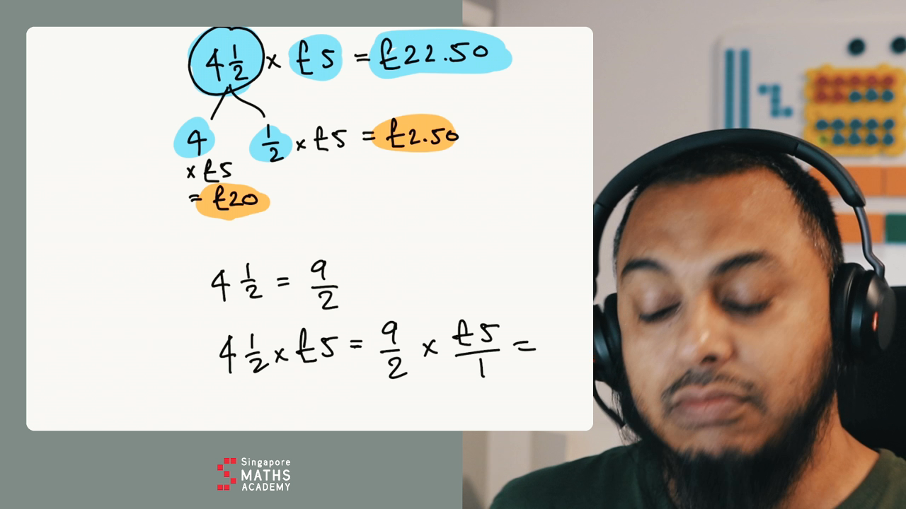 Teacher explaining a Multiplying Mixed Numbers problem on video. 