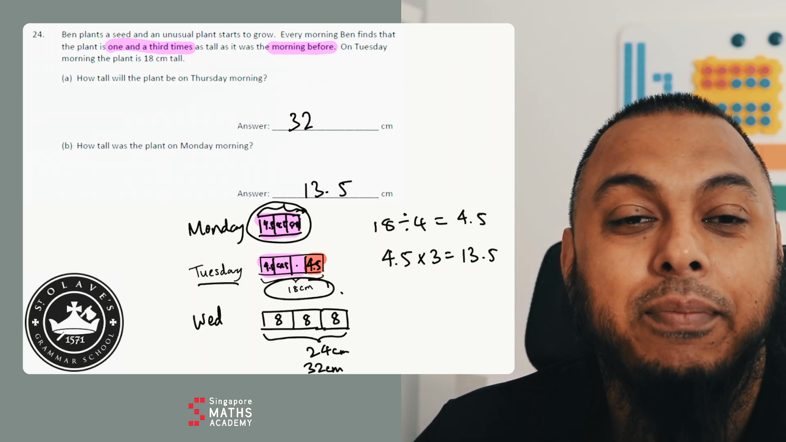 Mohi explaining plant growth maths problem with diagrams St Olave's School 11+ Maths