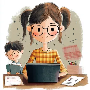Children studying, girl with laptop, boy with book
