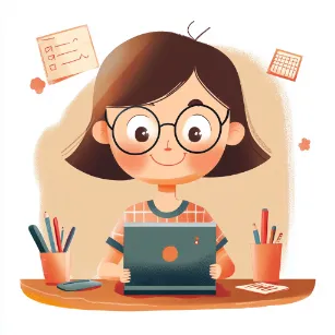 Illustrated girl using a laptop at her desk