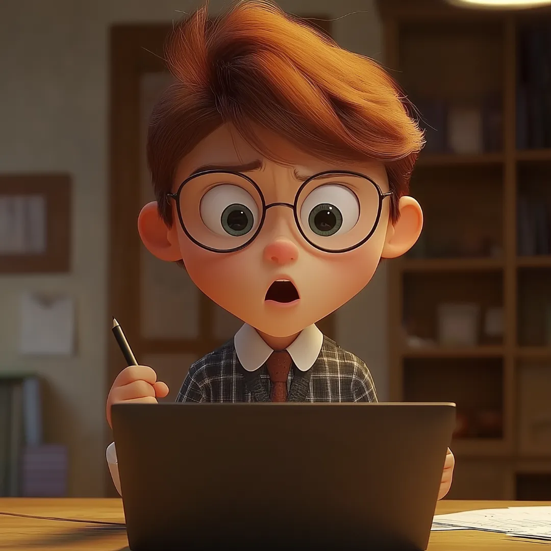 Surprised animated character at laptop with pen in hand.