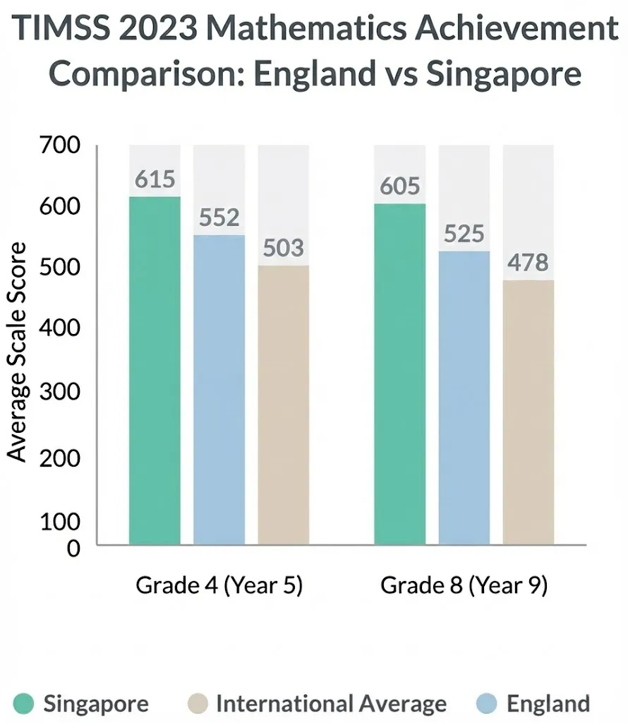 Bar chart comparing TIMSS 2023 average mathematics scores, showing Singapore significantly leading England and the International Average at both Grade 4 and Grade 8.